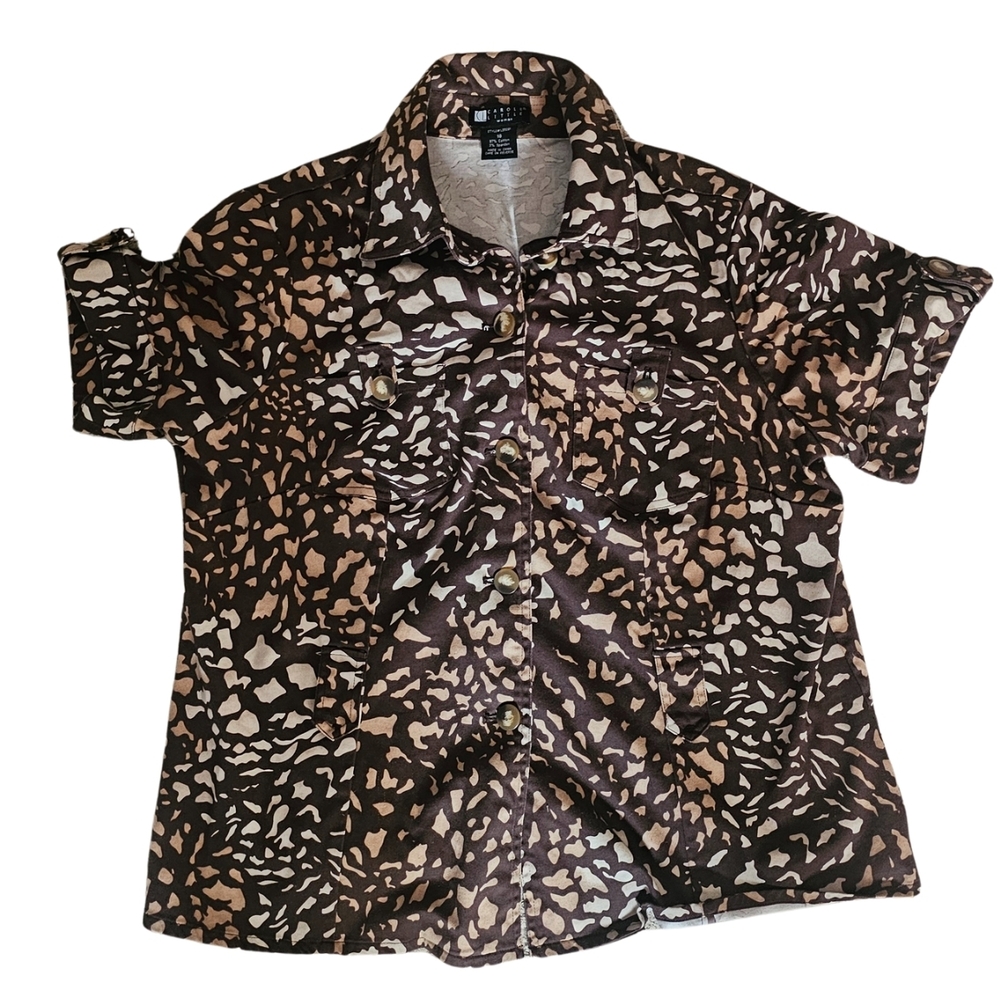 Carole Little Womens Plus Size Black and Brown Patterned Button Down Shirt